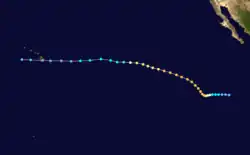A track map of a hurricane over the Eastern and Central Pacific Ocean. It starts moving slowly westward before abruptly curving to the northwest; it then proceeds to very gradually curve back to the west in a manner that resembles an asymptotic graph.