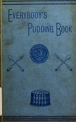 Cover page of Everybody's Pudding Book showing the title, a pair of crossed spoon and fork and a large jelly mould