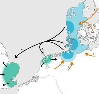 &nbsp;&nbsp;Position of North Sea Germanic dialects during the 5th and 6th century. &nbsp;&nbsp;Migration of North Germanic speakers (including the Saxon elite) to England (A.) and Frisia (B.) &nbsp;&nbsp;Migration of Weser Rhine Germanic speakers (1.), migration of West Slavic speakers (2.), migration of North Germanic speakers (3.).