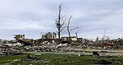 Well-built and well-anchored homes are taken off their foundations and they go into the air before obliteration. The wreckage of those homes is flung for miles and those foundations are swept completely clean. Large, steel-reinforced structures such as schools are completely leveled. Low-lying grass and vegetation are shredded from the ground. Trees are completely debarked and snapped. Very little recognizable structural debris is generated with most materials reduced to a coarse mix of small, granular particles and dispersed. Large, multiple-ton steel frame vehicles and farm equipment are often mangled beyond recognition and tossed miles away or reduced entirely to unrecognizable parts. Tall buildings collapse or have severe structural deformations. The official description of this damage highlights the extreme nature of the destruction, noting that "incredible phenomena can and will occur".