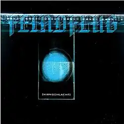 Hirnschlacht album cover, a blue circle on a black background with the text Feindflug on top