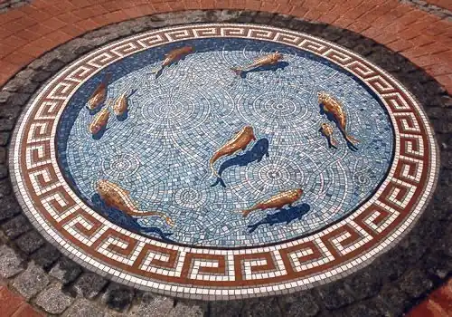 Fishpond Mosaic designed by Gary Drostle and made by Gary Drostle and Rob Turner in 1996 for Croydon Council, UK.