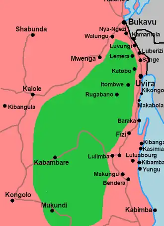 Approximate map of control by Kabila's Maquis of Fizi from 1967-1986