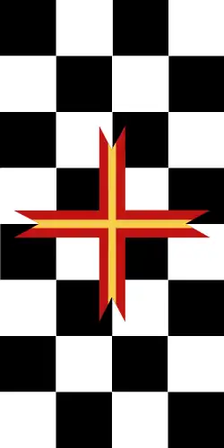 Black and white checkered flag with a red and yellow Templar cross in the center