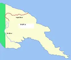 Map showing how the Sepik and Fly rivers emerge from a similar area of the highlands before flowing out the northern and southern coasts respectively