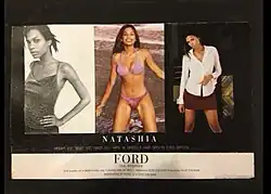 Fashion advert featuring three young, light-skinned Black, female models with straight hair and narrow facial features.