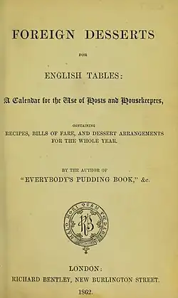 Title page showing the title "Foreign Desserts for English Tables"