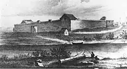 Sketch of a square walled fort on a low hill above a waterway; in the foreground are a boat and a person fishing