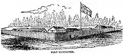 A woodcut of a wooden fort, with a palisade enclosing buildings, and evergreen trees in the background
