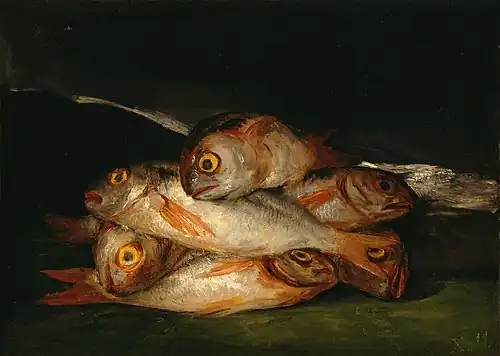 Fish and allegorical allusions — to The Disasters of War. Still Life with Golden Bream by Francisco Goya; 1808, 45 × 63&nbsp;cm, Museum of Fine Arts, Houston.