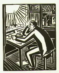 Black-and-white illustration of a man seated and hunched over a table, facing left, hold his art tools. Out the window on the left, the sun beats down upon the man.