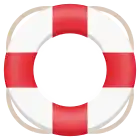 Icon for the GNOME program Yelp, showing a white floatation ring with four red stripes with rope on each of the red stripes