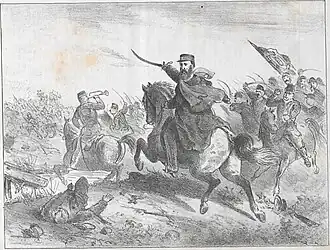 Drawing showing a mass of cavalrymen advancing over a stream against a Paraguayan force on the background.