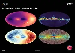 Four maps of the galaxy: radial velocity (top left), proper motion (bottom left); interstellar dust (top right); and metallicity (bottom right).
