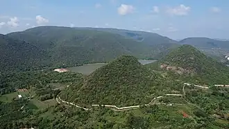 The reservoir surrounded by hills