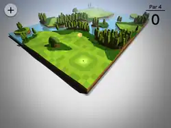 A three-dimensional view of a virtual golf course.