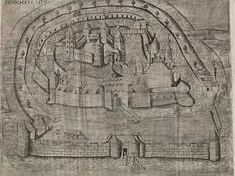 Hoogstraten castle in the 16th century: at the core of the complex was the pentagonal inner castle