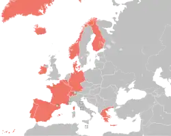 Map of Europe showing countries that allow gender self-identification in coral red