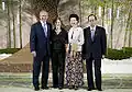 Kiyoko and Yasuo Fukuda with President of the United States George W. Bush and First Lady of the United States Laura Bush at the Windsor Hotel Toya Resort and Spa in Tōyako Town, Abuta District, Hokkaido on July 7, 2008.