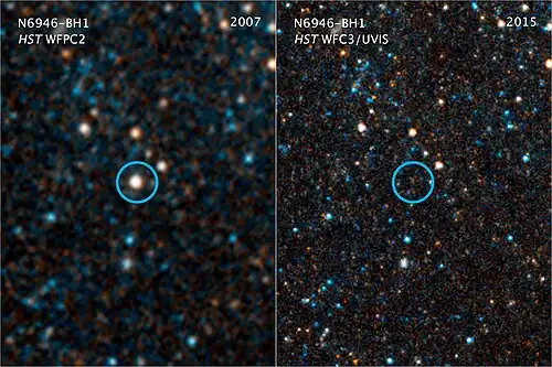 Pair of visible-light and near-infrared photos from the Hubble Space Telescope showing the giant star N6946-BH1 before and after it vanished out of sight by imploding to form a black hole