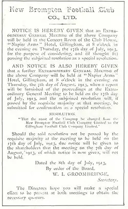 A document announcing that New Brompton Football Club has changed its name to Gillingham Football Club, dated 1913