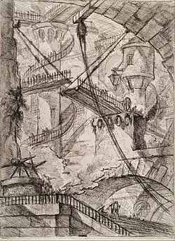 Forerunner of Escher's fantastic endless stairs: Piranesi's Carceri Plate VII&nbsp;– The Drawbridge, 1745, reworked 1761[22]