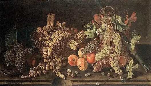 Snail, Fruit, Nuts, Grapes, and Pinecones