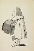 Caricature of a short gentleman holding a muff, pen and ink with gray wash