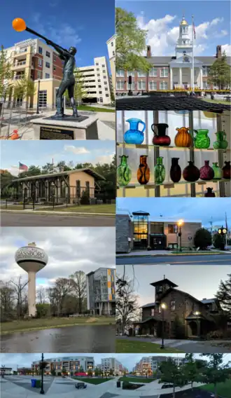 Clockwise from top left: Glassblower statue, Bunce Hall at Rowan University, glass bottles from area glassworks, Glassboro Municipal Building, Whitney Mansion, panorama of the Rowan Boulevard downtown area, Glassboro Water Tower, and Historic West Jersey Depot (old train station)