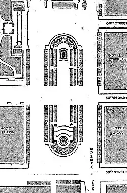 Thomas Hasting's 1913 plan for the plaza, showing the Pulitzer Fountain in the southern (lower) half.