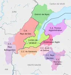 Map of the Grand Genève GLCT, showing national and subnational boundaries. (Canton de Geneve and District de Nyon are in Switzerland, while the 8 other councils (CC & CA) are in France)