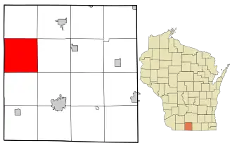 Location of the Town of Adams in Green County and the state of Wisconsin.