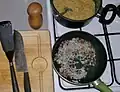 Frying of salo and onion