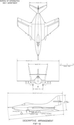 3-view line drawing of the Grumman F9F-8 Cougar