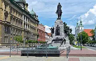 Jan Matejko Square, eastern part of formerly Kleparz Market Square with Grunwald Monument, and (in background) of St. Florian Church