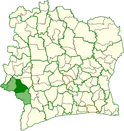 Location in Ivory Coast. Guiglo Department has had these boundaries since 2013.