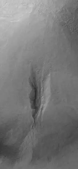 Gully on mound as seen by Mars Global Surveyor, under the MOC Public Targeting Program. Images of gullies on isolated peaks, like this one, are difficult to explain with the theory of water coming from aquifers because aquifers need large collecting areas.