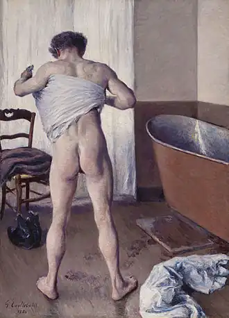 Image 11 Homme au bain Painting: Gustave Caillebotte Homme au bain ("Man at His Bath") is an oil painting completed by the French Impressionist Gustave Caillebotte in 1884. The canvas measures 145 by 114 centimetres (57 in × 45 in). The painting was held in private collections from the artist's death until June 2011, when it was acquired by the Museum of Fine Arts, Boston. Interpretations of the painting and its male nude have contrasted the figure's masculinity with his vulnerability. More selected pictures