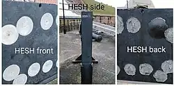 Front and back side of armour block impacted by HESH rounds