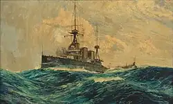 Painting of a warship at sea