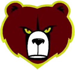 Maroon-colored bear head facing the viewer with black detailing; the eyes are gold and the area around the mouth and nose is white; the image has a gold border