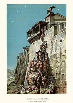 Juno's sacred geese warn the Romans while the Gauls approach the Capitoline Hill in 390&nbsp;BCE. Lithograph after Henri-Paul Motte (1883)