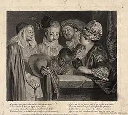 Henri Simon Thomassin [fr] after Watteau, Coquettes qui pour voir, before 1731, etching, Biblioteca Nacional de España, Madrid