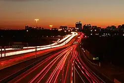 Highway 401 west of the Don Valley Parkway at dusk.