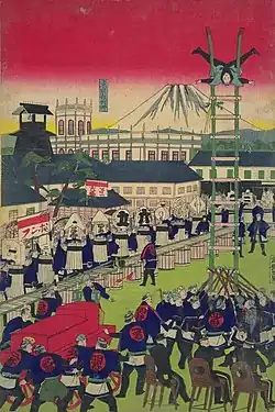 Woodblock print by Hiroshige depicting a firefighter festival, Dezomeshiki&nbsp;[ja]