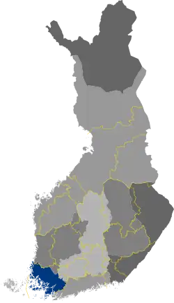 Historical province of Finland Proper in blue (borders of the modern regions in yellow)