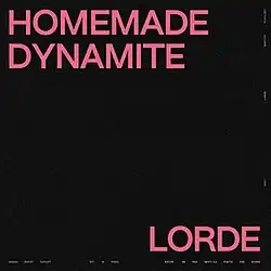 A black image with pink text that displays the track's title on the upper left corner and the artist's name on the lower right corner.