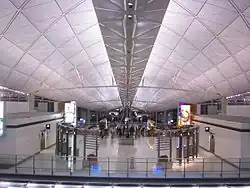 The futuristic interior roof of Hong Kong International Airport