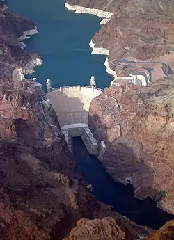 Image 32The Hoover Dam in the United States is a large conventional dammed-hydro facility, with an installed capacity of 2,080 MW. (from Hydroelectricity)