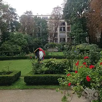 The garden, with a work of contemporary sculpture